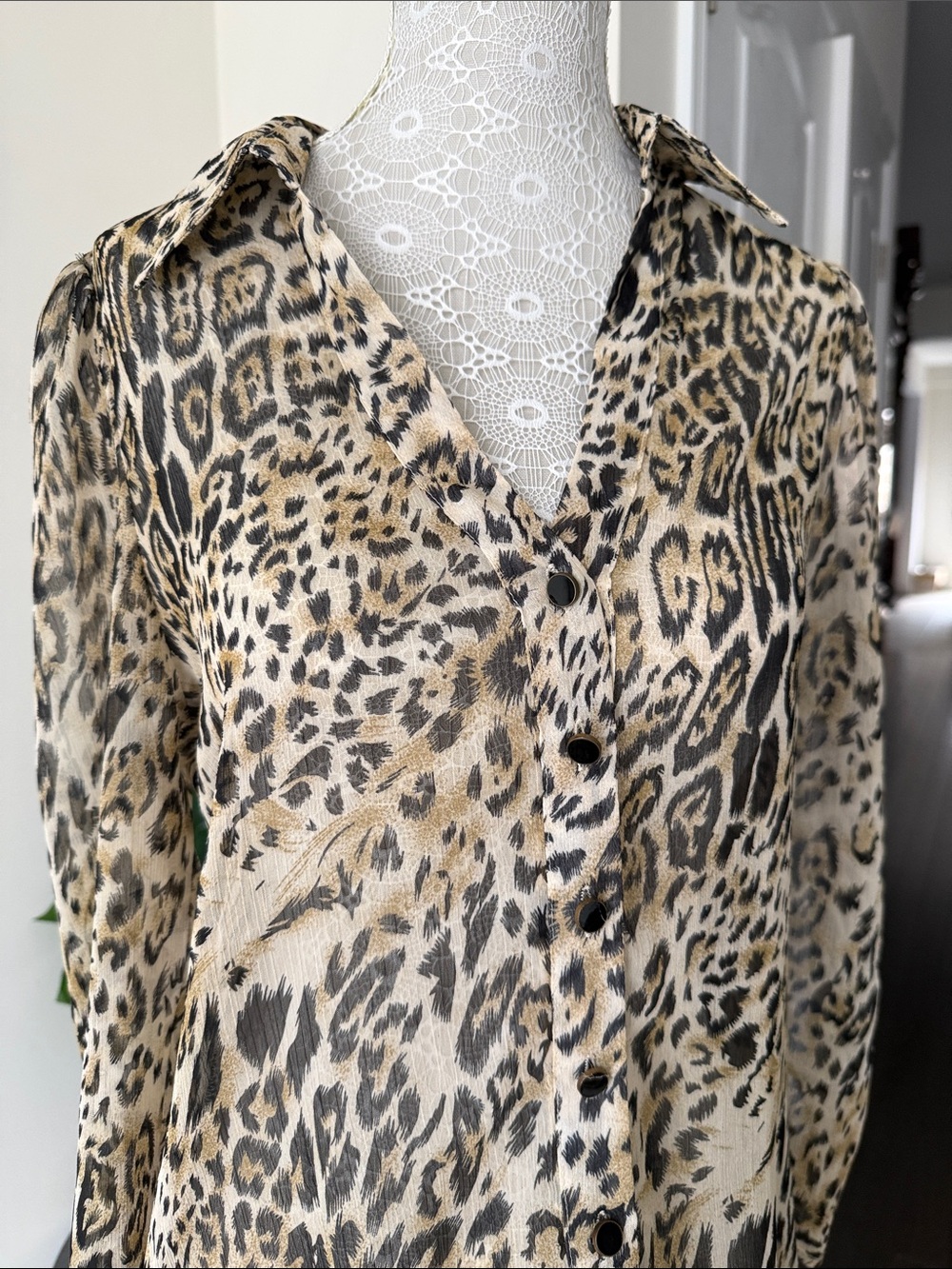 Leopard Print Button-Up Tunic Blouse - Beige, Black - Picture 2 of 5